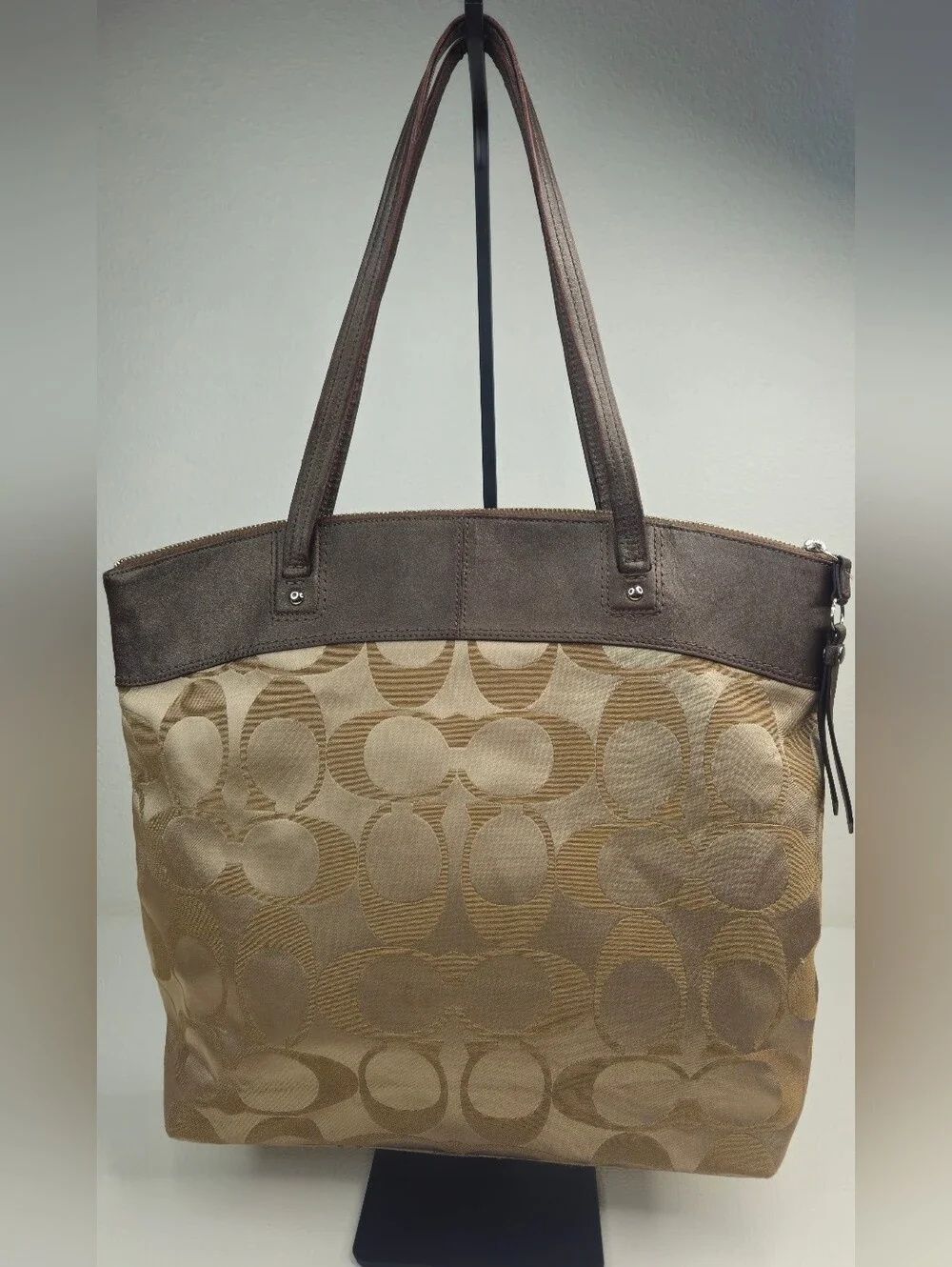 Authentic Coach Signature Jacquard Leather Large Tote Shoulder Bag Brown Tan